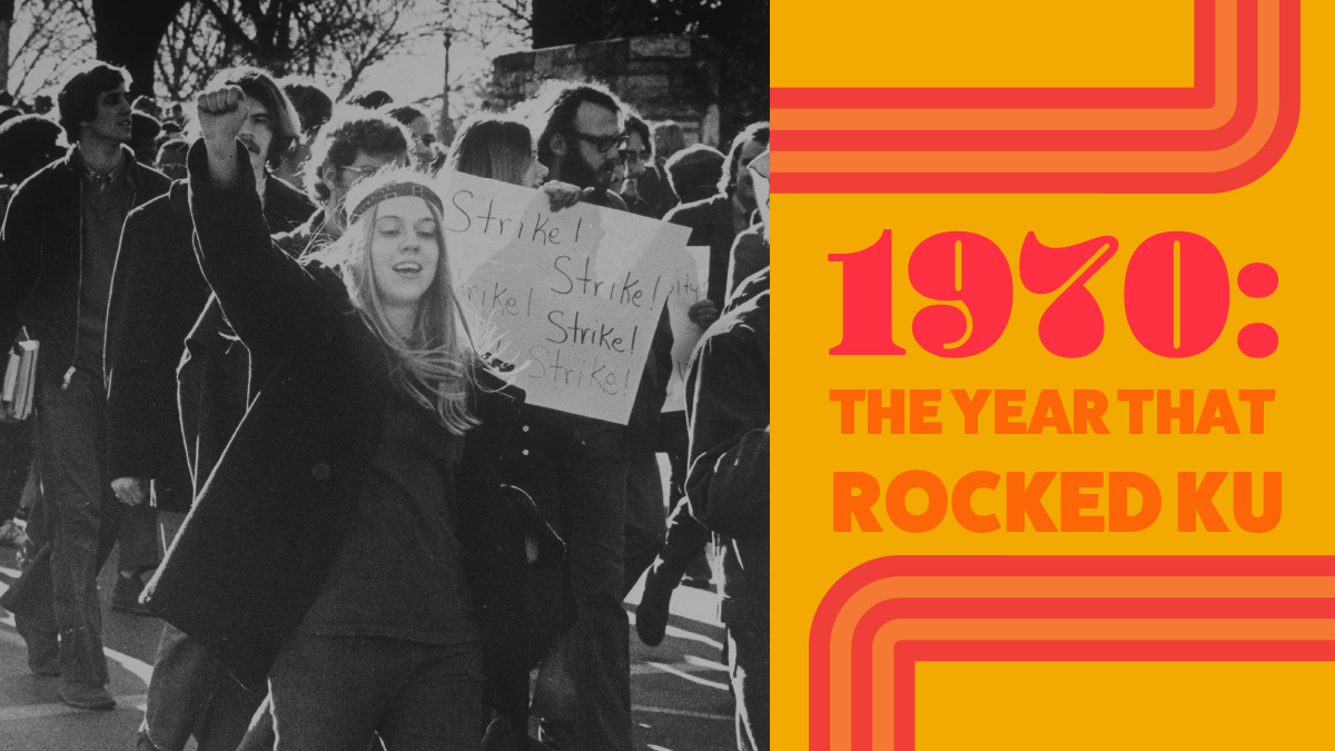 1970: The year that rocked KU exhibit graphic with a protester with their fist in the air