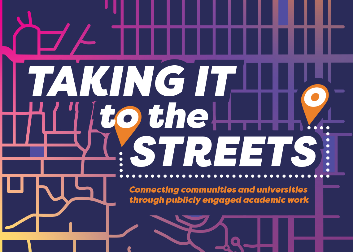 Taking it to the Streets type treatment on top of colorful map of Lawrence