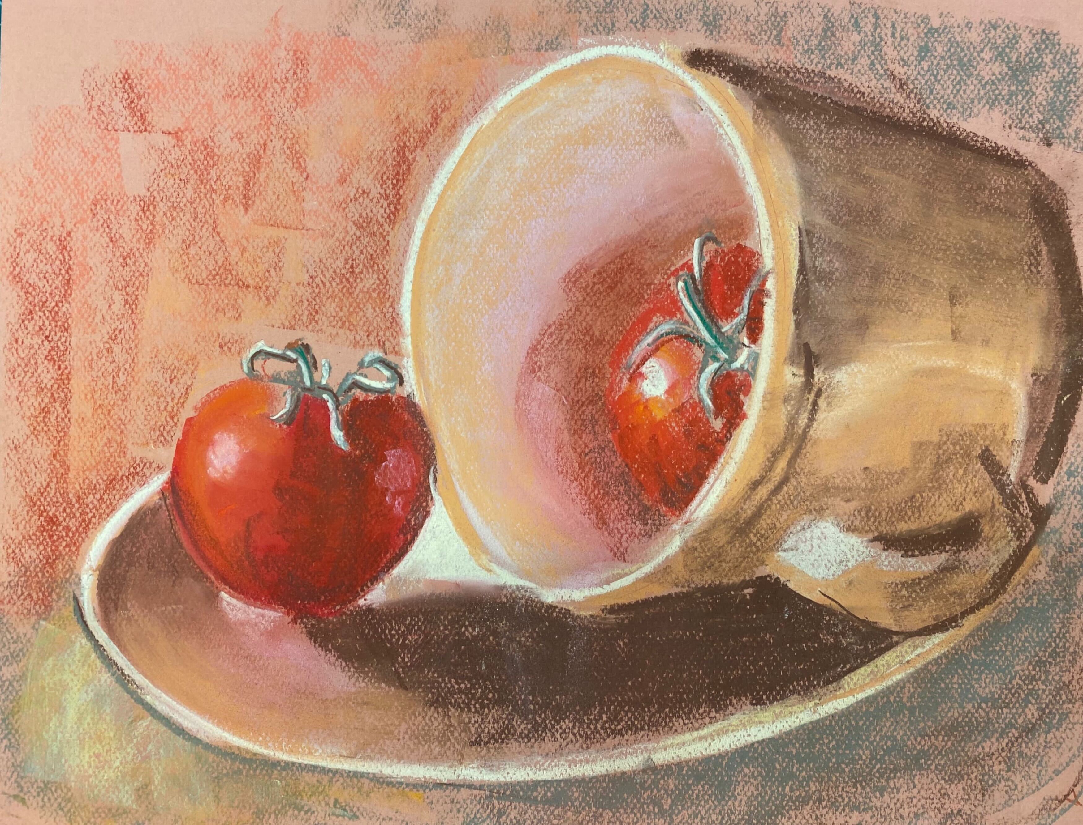 Pastel drawing of a tomato in a tea cup