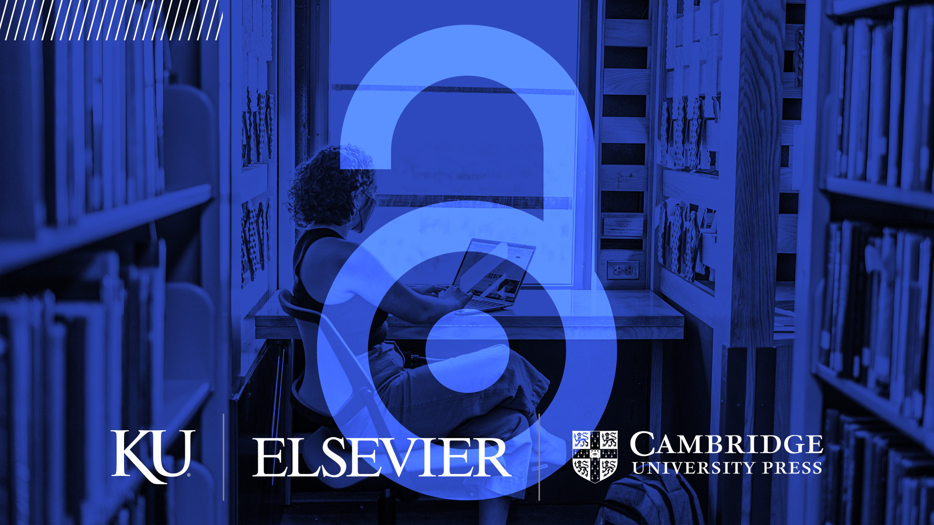 In the background a student sits in the Watson Library Study Carrels, overlaid with the logos of KU, Elsevier and Cambridge University Press.